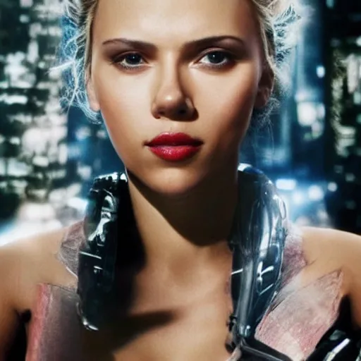 Prompt: a beautiful medium - shot of scarlett johansson looking off into the distance, black hairs with sleek angled bob hairstyle, in the style of ghost in the shell, ultra realistic, soft, blue hour, soft neons light from night city falling on her face. focus on her eyes and brows. by annie leibowitz