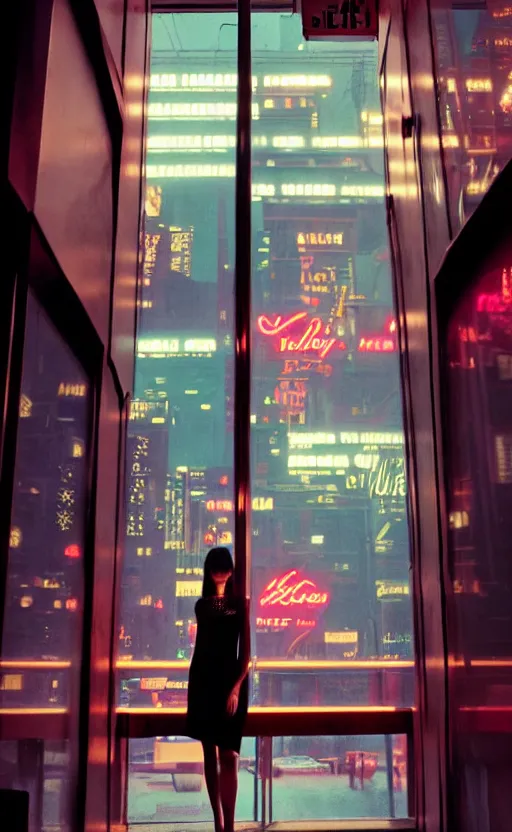 Image similar to vertical movie frame, girl in 7 0's retro restaurant, editorial, fashion, neon - decorated urban on night in the city seen through the window, modern architecture design, vintage, night, blade runner, dark, clean lines, asian futuristic city at distance, big windows, octane, wide angle