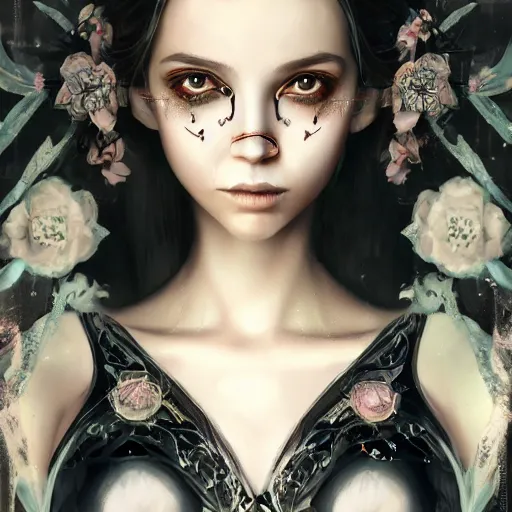 Image similar to symmetrical portrait of a beautiful dead princess female 4K symmetrical portrait, magical,fantasy , final fantasy, whole body, hyperrealism, cyberpunk, concept art, realistic, highly detailed, Featured on Artstation, cgsociety, Behance, Tom Bagshaw, Ross Tran, Japan Taiwan ,Soft lighting, attractive, highly detailed. intricate details. trending on artbreeder | zdzislaw beksinski. dariusz zawadzki. Michael Hutter. Peter Mohrbacher. Alfons Mucha. artstation