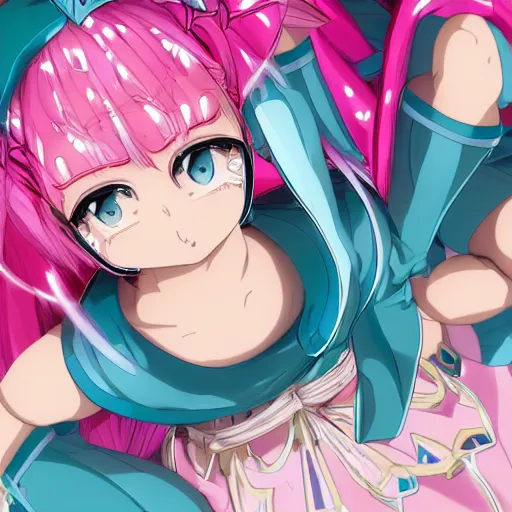 Image similar to viewed from frog's perspective, stunningly beautiful omnipotent megalomaniacal anime goddess with extremely bright glowing porcelain skin, pink twintail hair and mesmerizing cyan eyes, symmetrical perfect face smiling in a mischievous, devious and haughty way while looking down upon the viewer, mid view, hyperdetailed, 2 d, 8 k