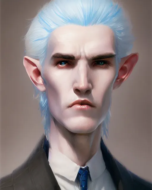 Image similar to character portrait of a slender young half elven man with white hair, piercing bright blue eyes, and pale blue skin, by greg rutkowski, mark brookes, jim burns, tom bagshaw, trending on artstation