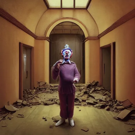 Prompt: a clown holding a baby inside an abandoned hospital, wayne barlowe, symmetrical, surreal, magic surrealism, very coherent symmetrical artwork, cinematic, hyper realism, high detail, octane render, 8 k