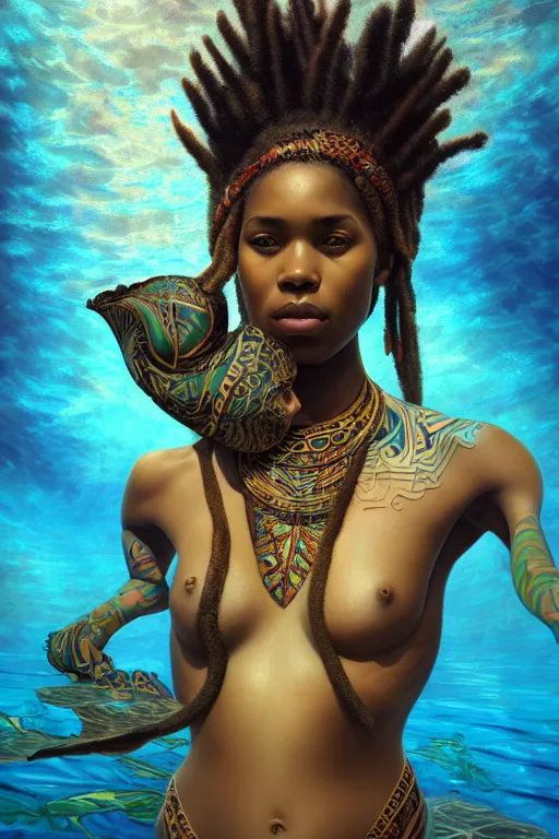 Prompt: underwater photography full body portrait of beautiful nubian ancestral tribal tattooed young hunter pincess, swimming underwater low angle realistic 4 k high quality photography by terry o'neill intricate, elegant, highly detailed, digital painting, artstation, concept art, smooth, sharp focus, illustration, art by artgerm and greg rutkowski and alphonse mucha, 8 k