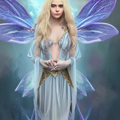 Image similar to detailed portrait of a fairy queen with wings wearing a magic silk and lace robe with a hood, crown, pixie, iris, realism, detailed eyes, emerald, galaxy, sapphire,blonde hair going down to the floor, moonlit, dark fantasy, dramatic lighting, cgsociety, artstation