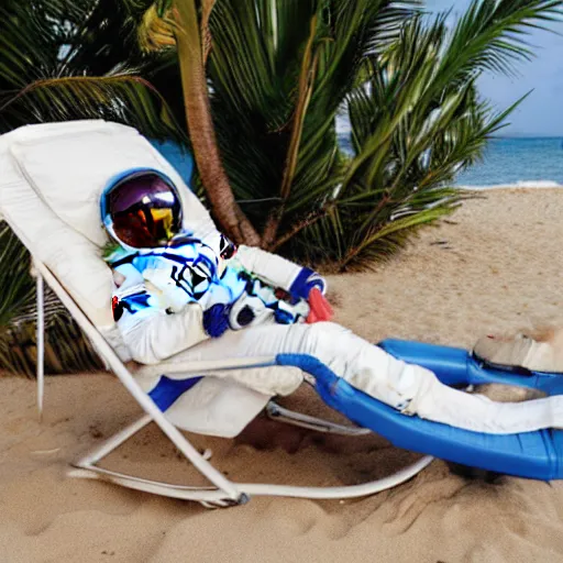 Image similar to astronaut in a space suit lounging on a beach chair at the beach having pina colada