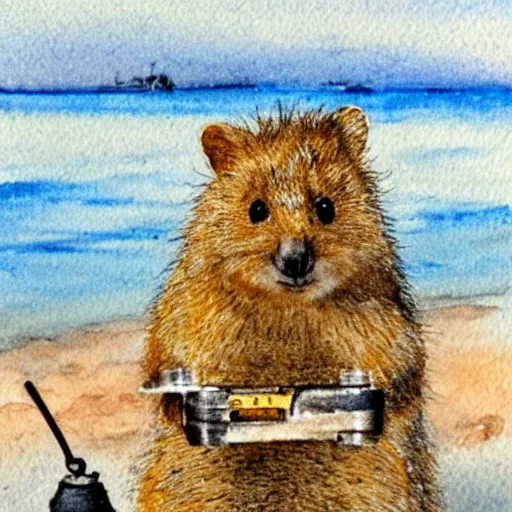 Prompt: a quokka using a metal detector on the beach, realistic watercolour