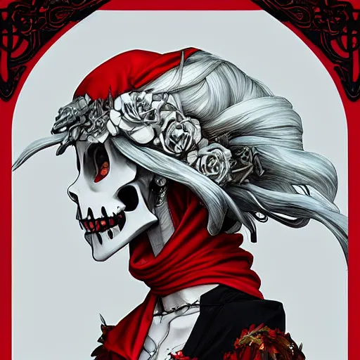 Image similar to anime manga skull portrait young woman skeleton, profile, red riding hood, unreal engine, Disney, intricate, elegant, highly detailed, digital art, art by JC Leyendecker and sachin teng