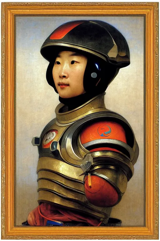 Image similar to portrait of a chinese dragon astronaut in chinese armor and helmet, by bouguereau