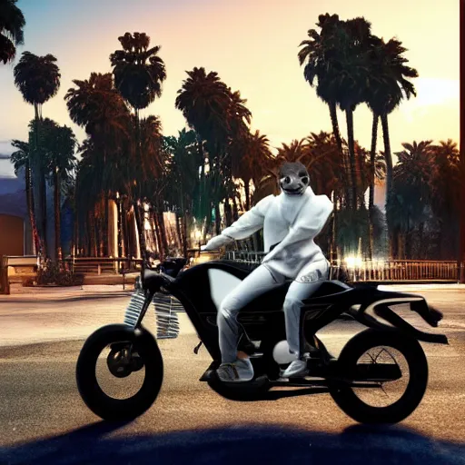 Prompt: a photorealistic image of a white bichon frise puppy dog riding a black motorcycle in Hollywood at sundown. Palm trees in the background. Paws on handlebars. This 4K HD image is Trending on Artstation, featured on Behance, well-rendered, extra crisp, features intricate detail and the style of Unreal Engine.