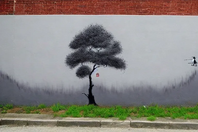 Prompt: wall painting, beautiful nature landscape, grey street wall, rule of thirds, art by banksy