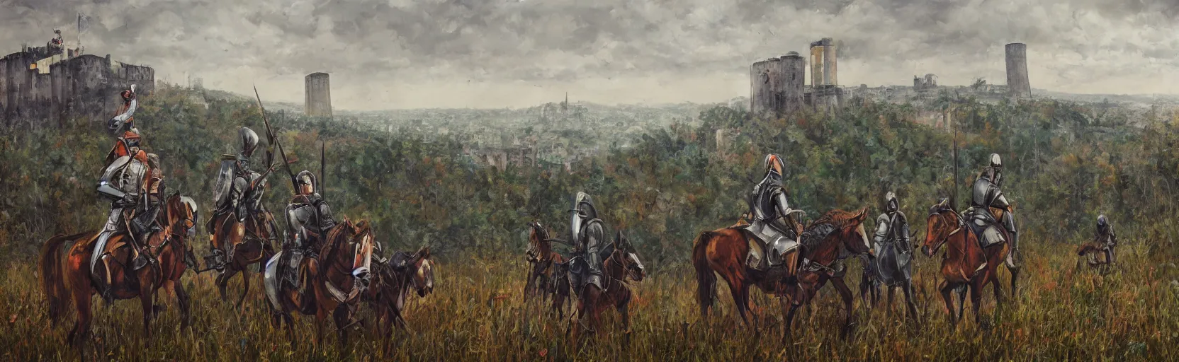 Prompt: horseback knights at scenic overlook; cloudy, grey skies, walled fortress city deteriorating office buildings in background hill; forest; la Bastille, post apocalyptic, grungy; oil on canvas, artstation, colorful