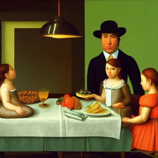 Image similar to A brillaint rendition of a family supper by Raphael, Hopper, and Rene Magritte. detailed, romantic, enchanting, trending on artstation.