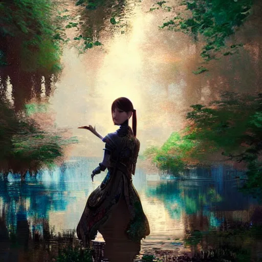 Image similar to painting, nicolas cage as a beautiful young girl in intricate clothing by ross tran, walking in a castle, lake painted by sana takeda, rtx reflections, very high intricate details, digital anime art, medium shot, mid - shot, composition by ilya kuvshinov, lighting by greg rutkowski