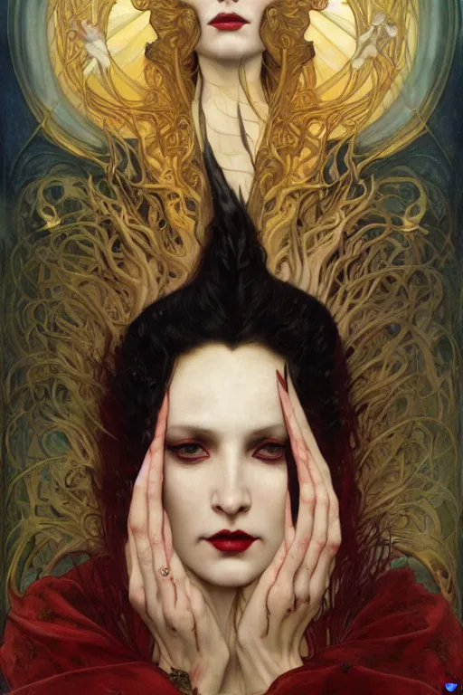 Image similar to masterpiece painting of beautiful vampire queen by donato giancola, remedios varo and tom bagshaw, face by artgerm and edmund leighton, alphonse mucha, background by james jean and gustav klimt, 8 k, horror, majestic, volumetric lighting, porcelain skin, french nouveau, trending on pixiv