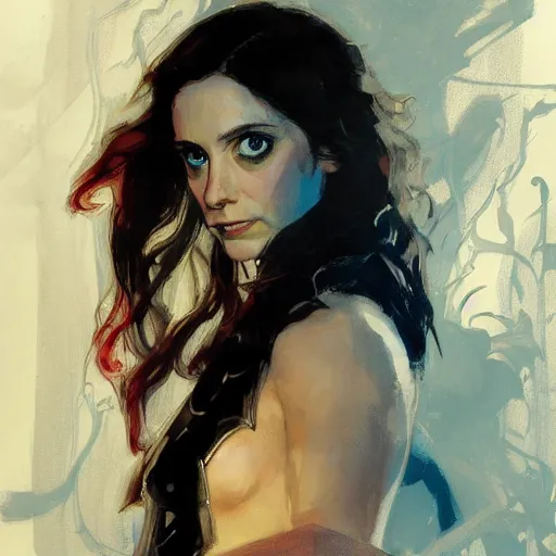 Image similar to alison brie as loki, intricate, elegant, highly detailed, greg manchess, mucha, liepke, ruan jia, jeffrey catherine jones, ridley scott