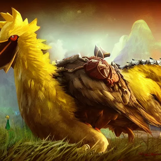 Prompt: chocobo final fantasy in the art style of breath of the wild and luis royo, grimdark dramatic lighting, digital art, intricate, highly detailed, matte painting, fine art