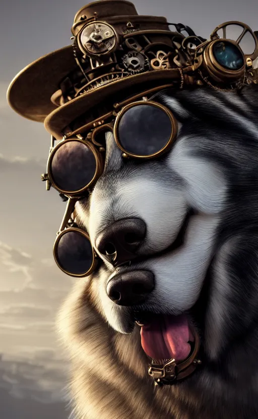 Prompt: hyper realistic ultra - detailed portrait of alaskan malamute face, steampunk hat with goggles and gears, upper body, detective coat, sharp focus, illustration, fantasy style, octane render, volumetric lighting, 8 k high definition, wide shot, by greg rutkowski, highly detailed, trending on art station