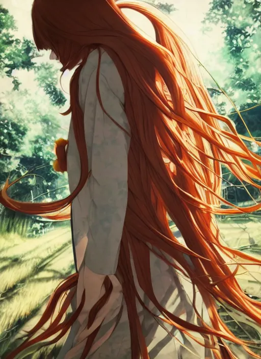 Prompt: illustration by shigenori soejima, by tatsuki fujimoto, by yoji shinakawa, girl with fox ears, long wavy orange hair, light brown trenchcoat, forest background, focus on face, pretty, moody lighting, painterly