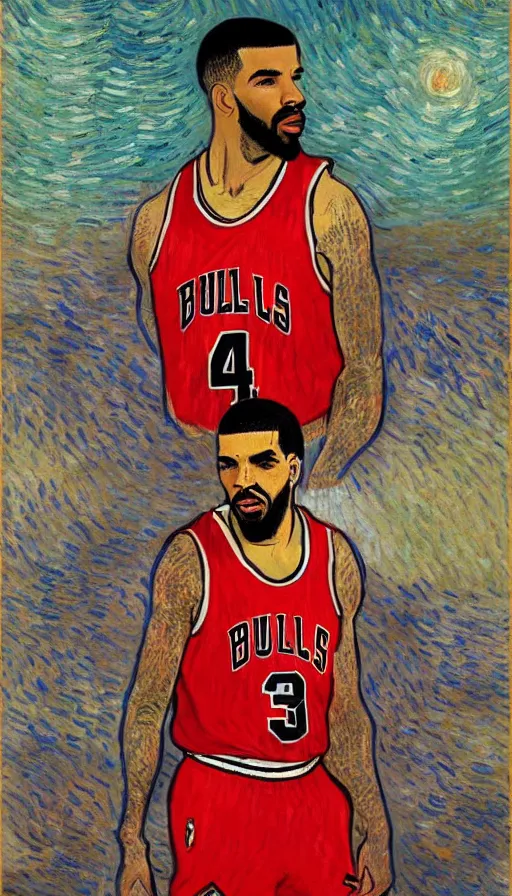 Prompt: drake wearing a chicago bulls jersey by vincent van gogh, brown skin, classical painting, digital painting, romantic, vivid color, oil painting