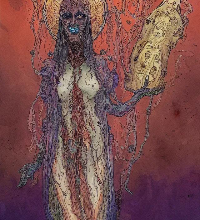 Image similar to a watercolor ink painting of the primordial eldritch goddess of fear and insanity in her natural domain in the style of jean giraud in the style of moebius trending on artstation deviantart pinterest detailed realistic hd 8 k high resolution