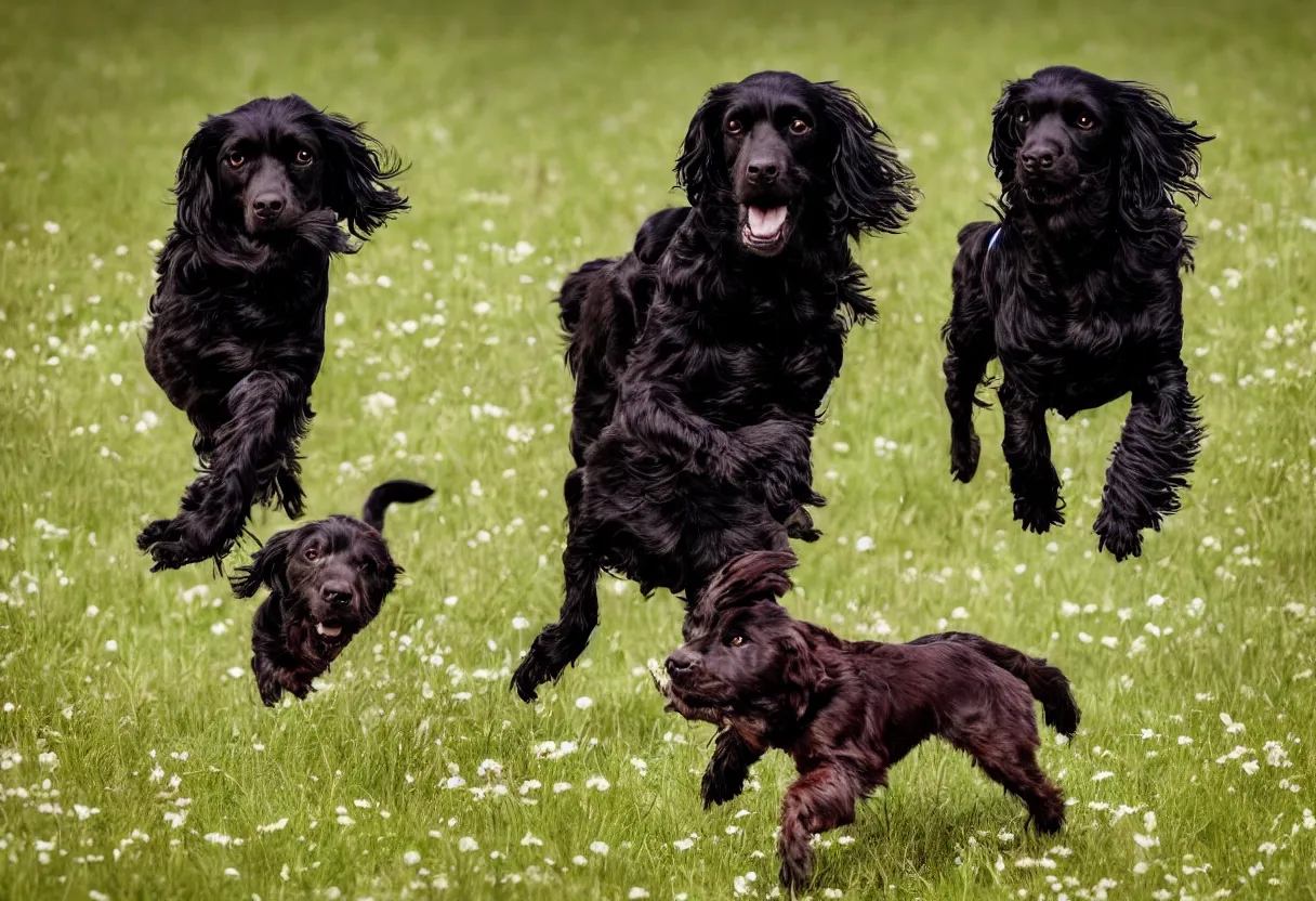 Image similar to One black spaniel dog and one brown spaniel dog running in a meadow low angle realism epic background 4k