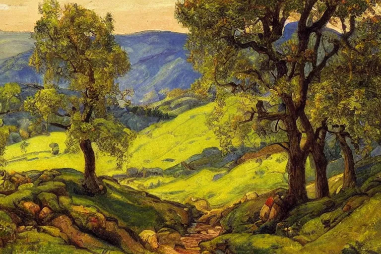 Image similar to masterpiece painting of oak trees on a hillside overlooking a creek, dramatic lighting, by frederick varley