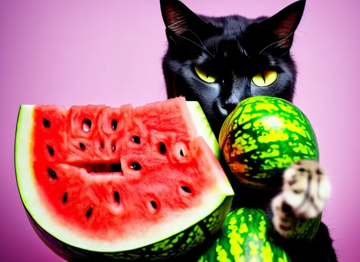 Image similar to photo of a cat wearing a helmet made of a watermelon. fantasy horror style. highly detailed 8 k. intricate. lifelike. soft light. nikon d 8 5 0 5 5 mm. dof. cinematic post - processing.