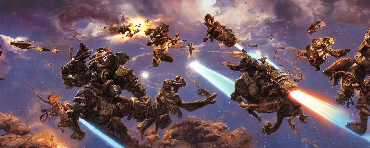 Image similar to fantasy epic monkey gunfight in space, laser guns, concept art, 4 k