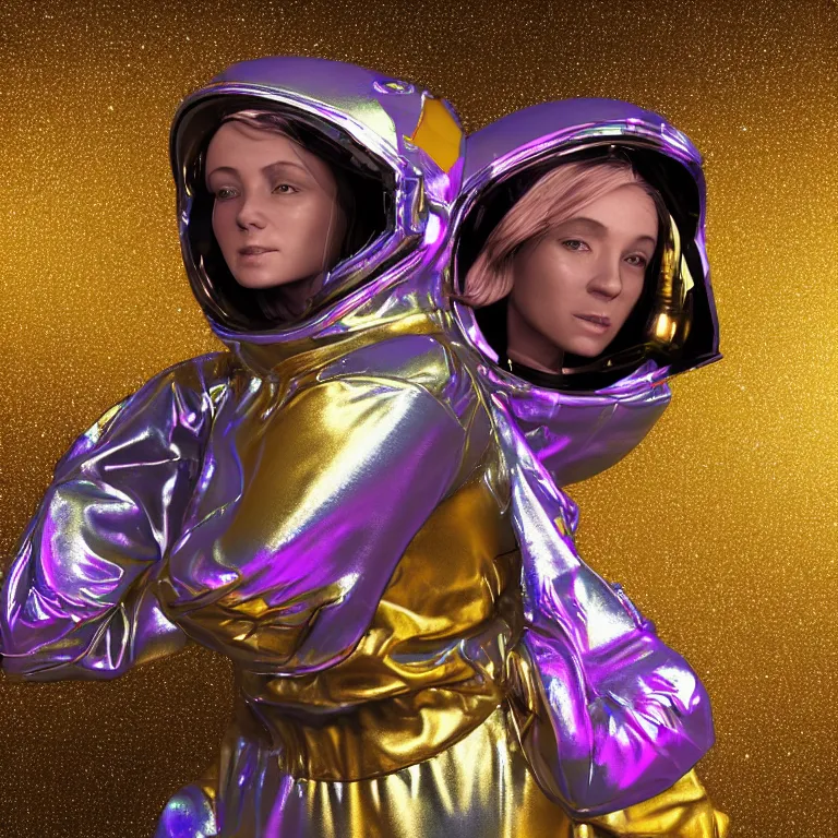 Prompt: octane render portrait by wayne barlow and carlo crivelli and glenn fabry, subject is a woman covered in colorful aluminum foil space suit made of nebula with a colorful metallic space helmet, floating inside a futuristic black and gold space station, cinema 4 d, ray traced lighting, very short depth of field, bokeh