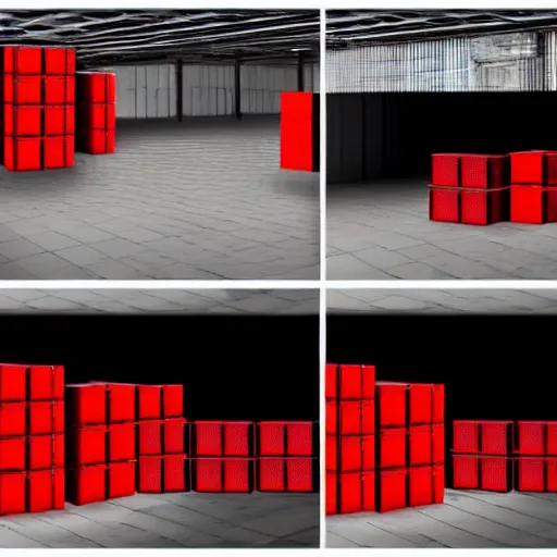 Image similar to two frames of equal size, the first a warehouse full of boxes, the second is exactly the same picture except the boxes are red