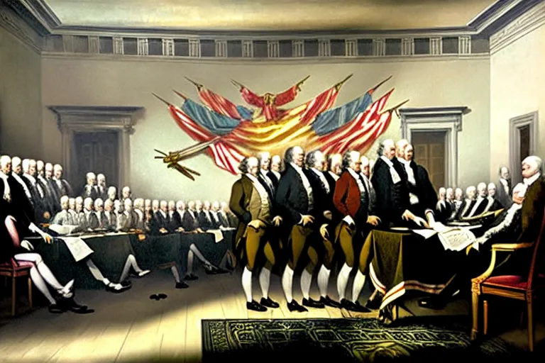 Image similar to john trumbull's famous painting of vampires at the signing of the declaration of independence. the vampires are taller and wear black capes and no wigs. on the wall there is a flag from transylvania
