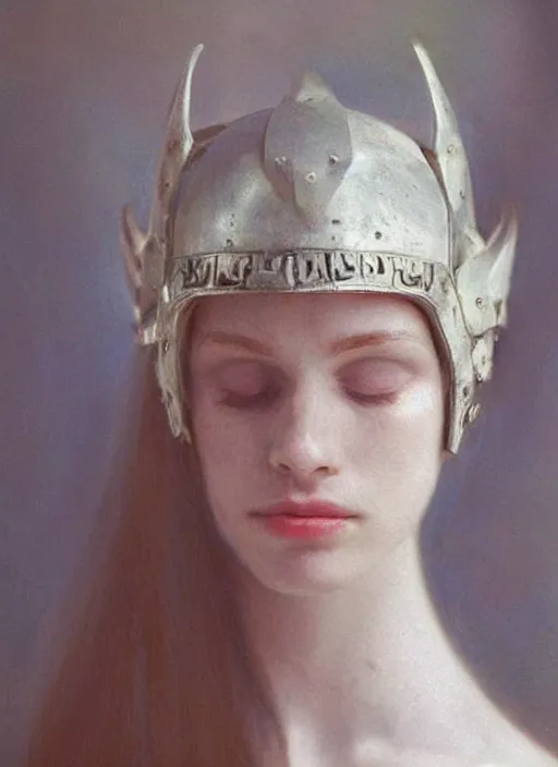 Prompt: medieval helm!!!!!!!, out of focus!!!!!!! photorealistic portrait of a beautiful pale woman by saul leiter, very blurry!!!!!!, translucent white skin, closed eyes, foggy, pale lips