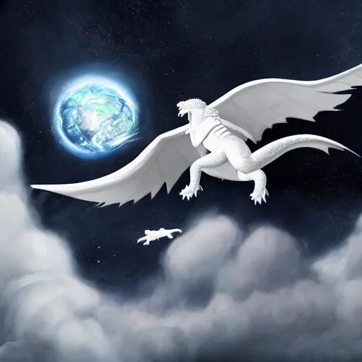 Image similar to illustration of astronaut riding a white dragon over the clouds, digital art, matte painting