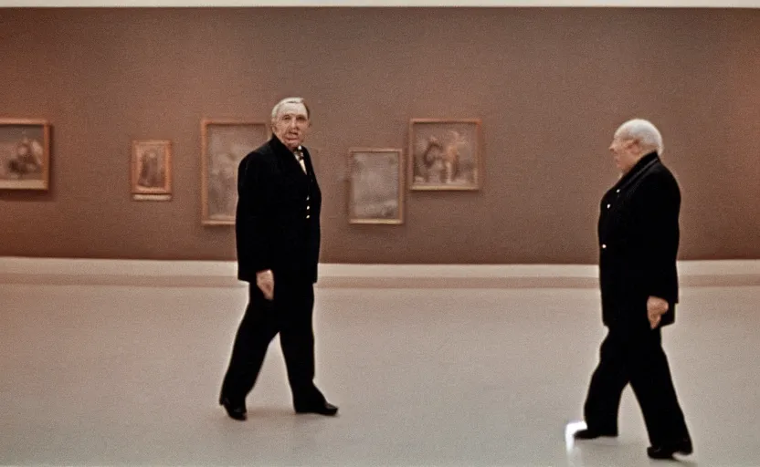 Prompt: 50s movie still close-up portrait of an elder soviet general walking in an empty museum, by David Bailey, Cinestill 800t 50mm eastmancolor, heavy grainy picture, very detailed, low quality video, 4k, HD criterion, precise texture and facial expression