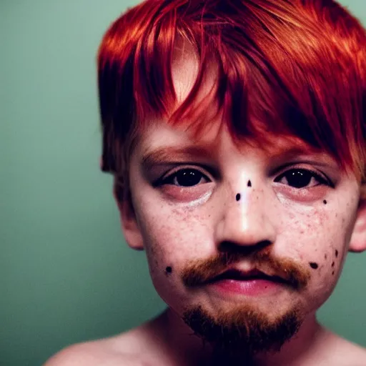 Prompt: mugshot photograph of a five year old boy with gang tattoos, facial tattoo, beard by annie leibovitz, red hair, freckles