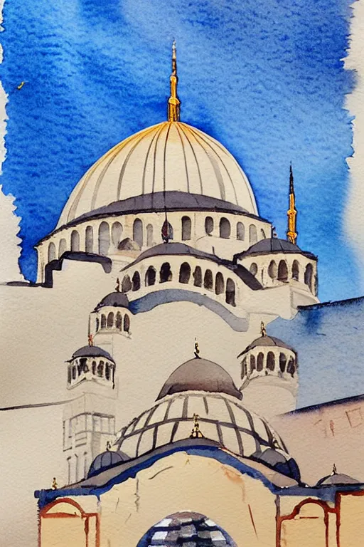 Prompt: a watercolor painting of a mosque in istanbul by fikret mualla saygı, behance, modern european ink painting, photoillustration, storybook illustration, watercolor