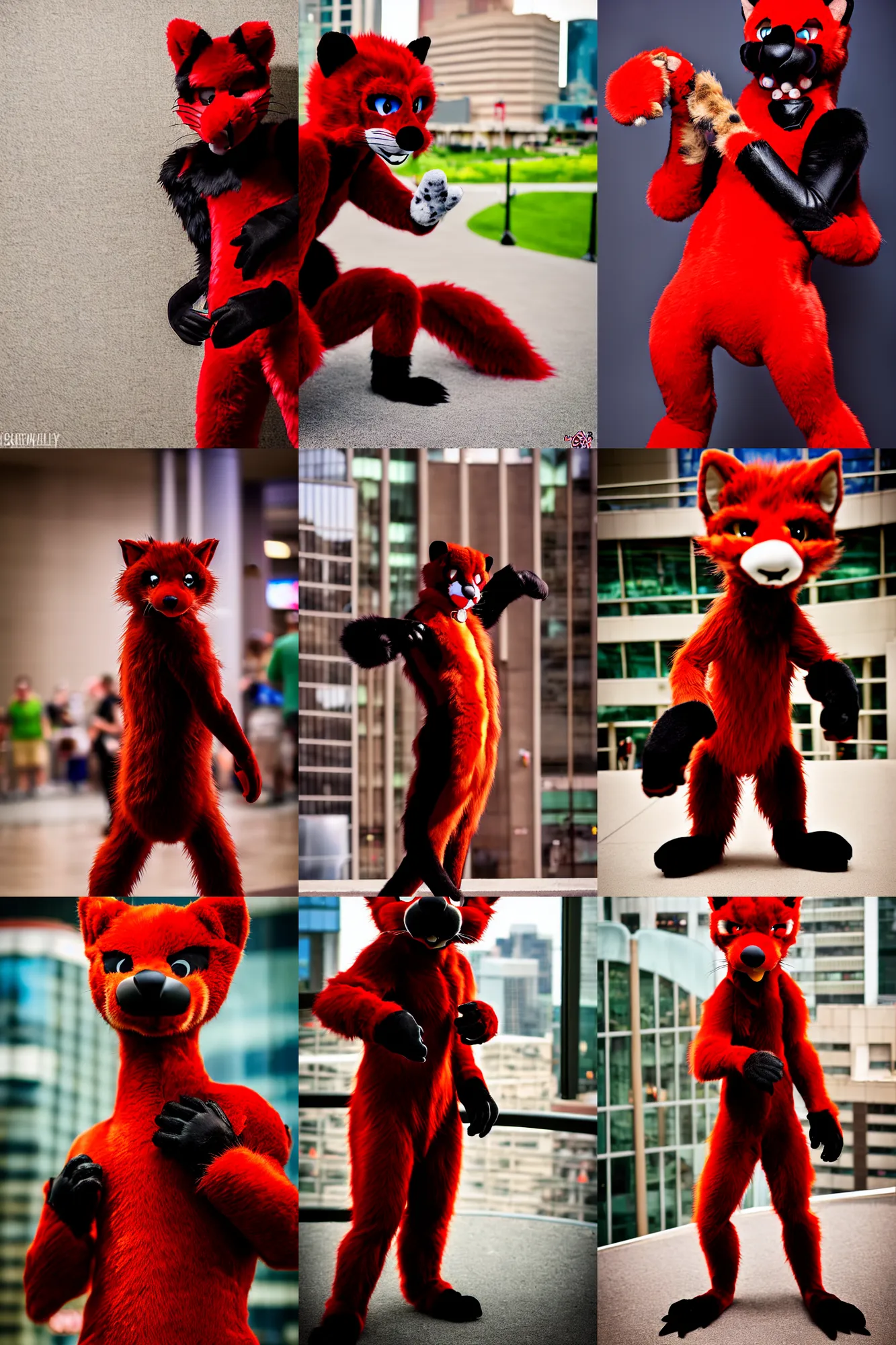 Image similar to fullbody photoshoot photo portrait of a cute roguish male red - black furred weasel furry fursuiter ( tail attached ), key visual, taken at anthrocon ( furry convention )