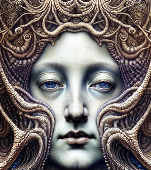 Image similar to detailed realistic beautiful oyster goddess face portrait by jean delville, gustave dore, iris van herpen and marco mazzoni, art forms of nature by ernst haeckel, art nouveau, symbolist, visionary, gothic, neo - gothic, pre - raphaelite, fractal lace, intricate alien botanicals, ai biodiversity, surreality, hyperdetailed ultrasharp octane render