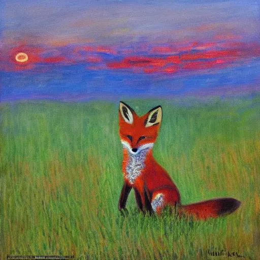 Image similar to a painting of a fox sitting in a field at sunrise in the style of claude monet