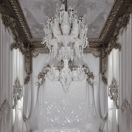 Prompt: Gothic baroque white porcelain room furnished with baroque furniture made of white porcelain and white veils, an intricate chandelier of blown branches forming a cloud, and shattering white porcelain objects, a trap door in the floor is the passage to another dimension, beautiful white ghosts with long robes and intricate white jewels float in the room. trending on artstation, sensual gloomy, volumetric clouds, unreal render, depth of field