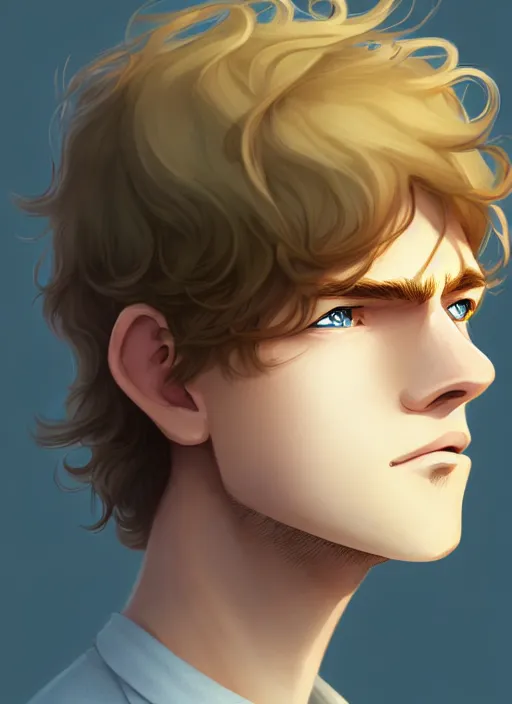 Prompt: young man with medium - length, curly, golden hair, sorrow, perfectly proportioned face, aquamarine eyes, natural lighting, path traced, highly detailed, high quality, cartoon, digital painting, by new haicheng and studio ghibli