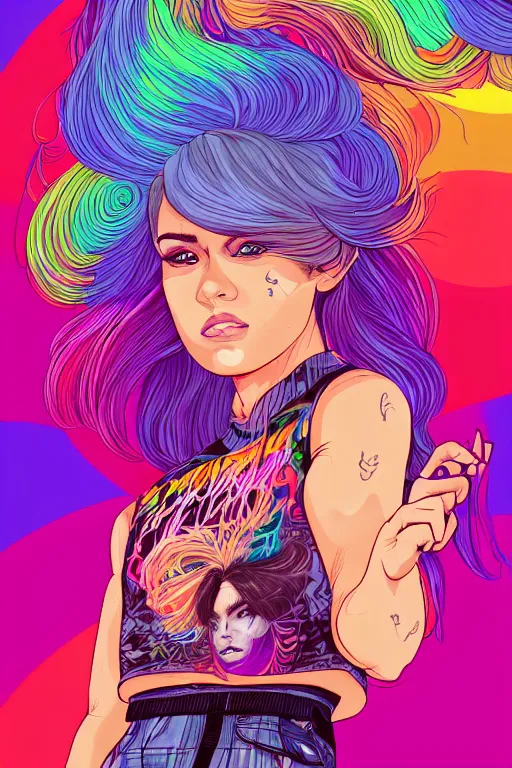 Image similar to a award winning half body portrait of a beautiful woman with stunning eyes in a printed croptop and cargo pants with rainbow colored ombre hairstyle head in motion and hair flying by josan gonzales, outrun, vaporware, shaded flat illustration, digital art, trending on artstation, highly detailed, fine detail, intricate