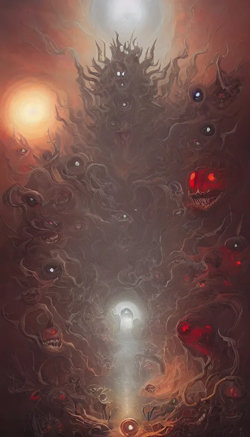 Image similar to a storm vortex made of many demonic eyes and teeth, by peter mohrbacher