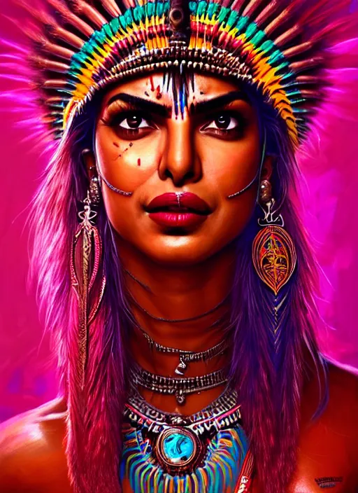 Prompt: portrait of priyanka chopra, hyper detailed ultra sharp aztec shaman warrior. trending on artstation, warpaint aesthetic, bloodwave, colorful, psychedelic, ornate, intricate, digital painting, concept art, smooth, sharp focus, illustration, art by artgerm and greg rutkowski and h. r. giger, 8 k