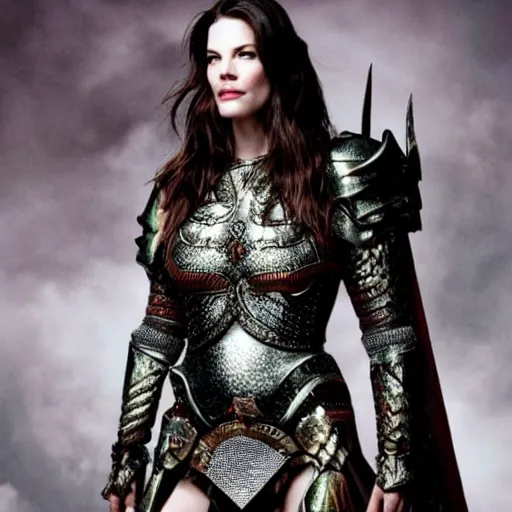 Image similar to full body photo of liv tyler as a warrior with diamond encrusted armour