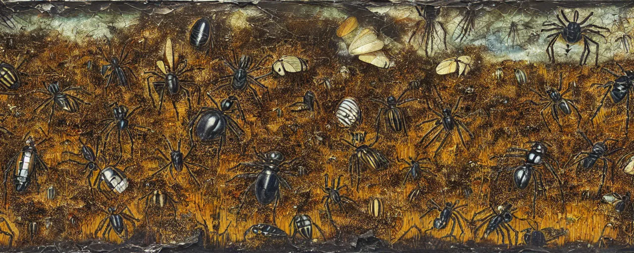 Image similar to strange giant insects, beetles, spiders and flies, swarming in a cornfield, oil painting by max ernst and anselm kiefer, decay, mixed media, textured, sharp focus, highly detailed, photographic emulsion cracked and peeling, rust, cinematic lighting, 8 k, hd