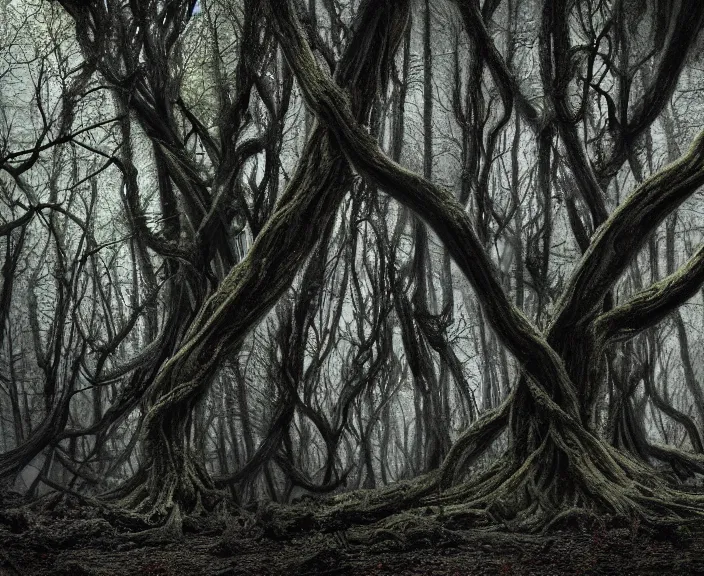 Prompt: xenomorph trees merging, crazy twisted forest wrapping branches, dark mist colors, giger background liminal void, digital art, cinematic lighting, realistic, award winning photograph, various refining methods, micro macro autofocus