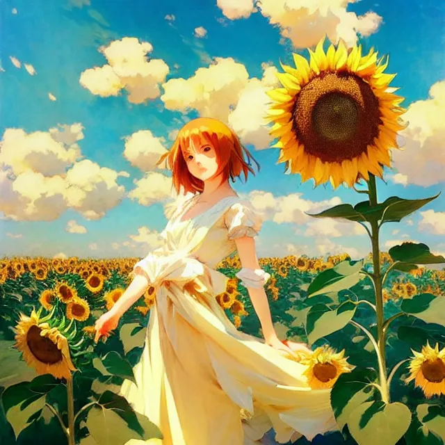 Prompt: beautiful sunflower anime girl, clouds, krenz cushart, mucha, ghibli, by joaquin sorolla rhads leyendecker, by ohara koson