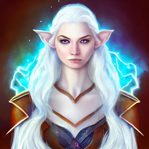 Image similar to Beautiful white haired aged fair skinned scholar elf with spell scroll and lightning background, full body, symmetrical, realism, digital painting, detailed artwork, portrait, mythical, artstation