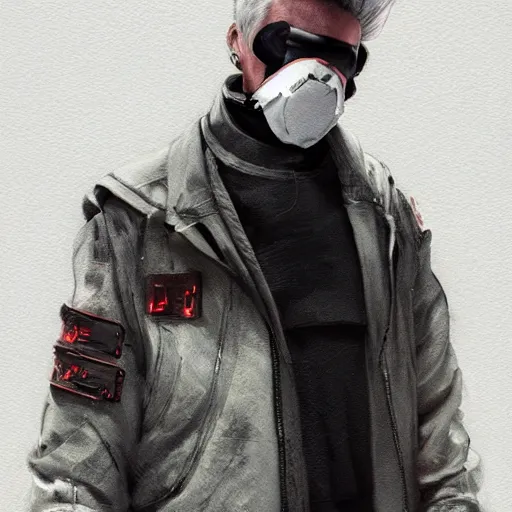 Prompt: very cool man grey hair with piercing, face mask, 3 d, streetwear, techwear, cyberpunk style outfit, full body, realosm, detailed portrait, intricate complexity, by greg rutkowski, cushart krentz, artgerm, ross tran, conrad roset, takato yomamoto, ilya kuvshinov. 4 k, cinematic, atmosphere